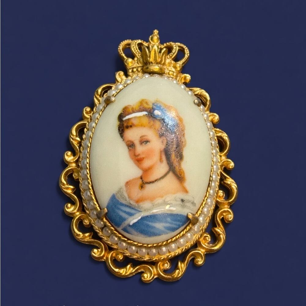 Vintage Florenza Limoges France Portrait Brooch Pendant 2"